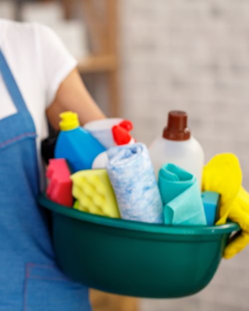 Cleaning supplies held by seniors' cleaner